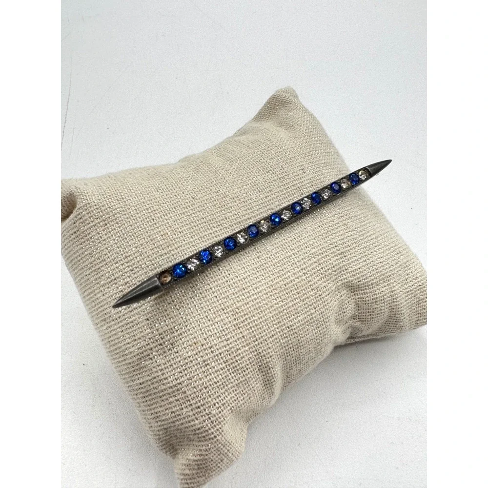 Vintage Sterling Silver Bar Brooch Blue Clear Rhinestone Art Deco Style Pin
